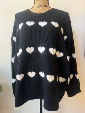Cece Heart Pattern Black Pullover Sweater Size 2X